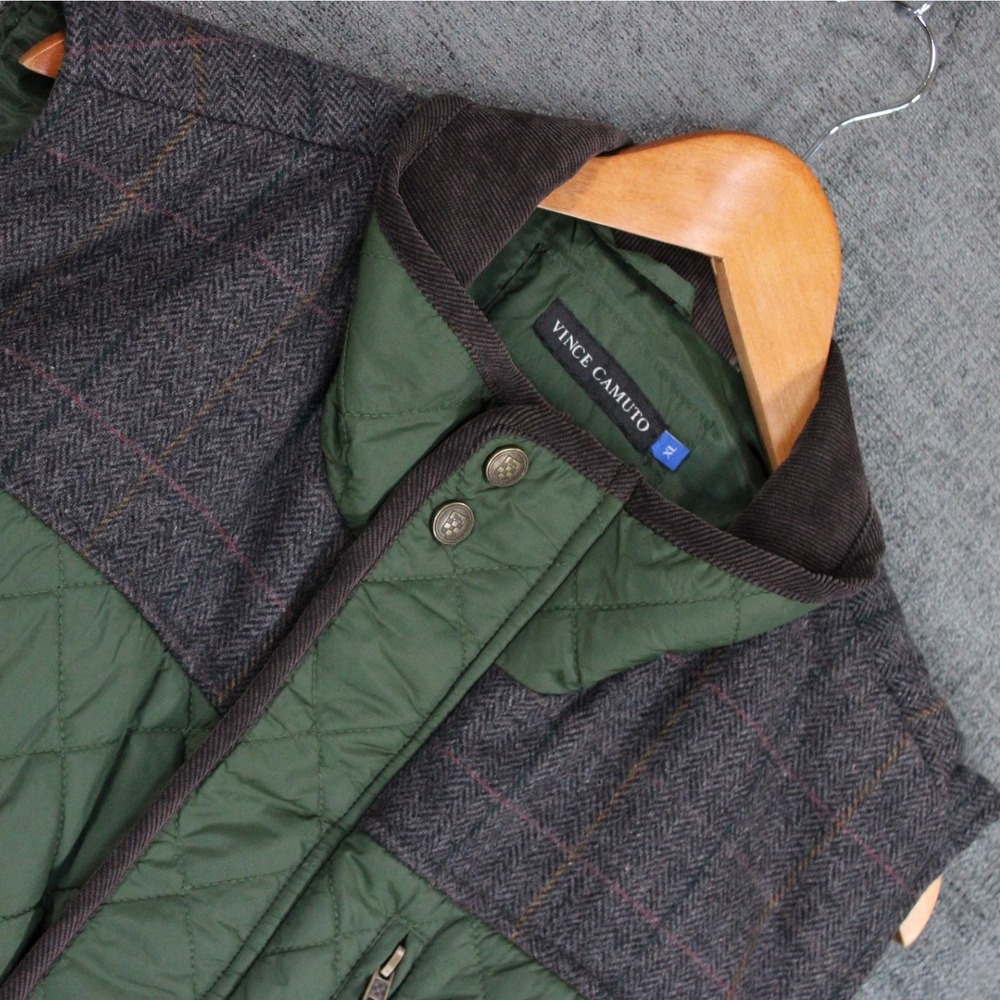 Vince Camuto Mens Quilted Puffer Vest Green Wool Blend Tweed Yoke XL